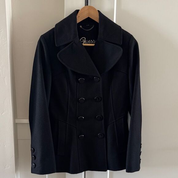 Guess Women's Elegant Black Wool Blend Peacoat Mid-Length Lined Coat Size S EUC - Picture 1 of 15